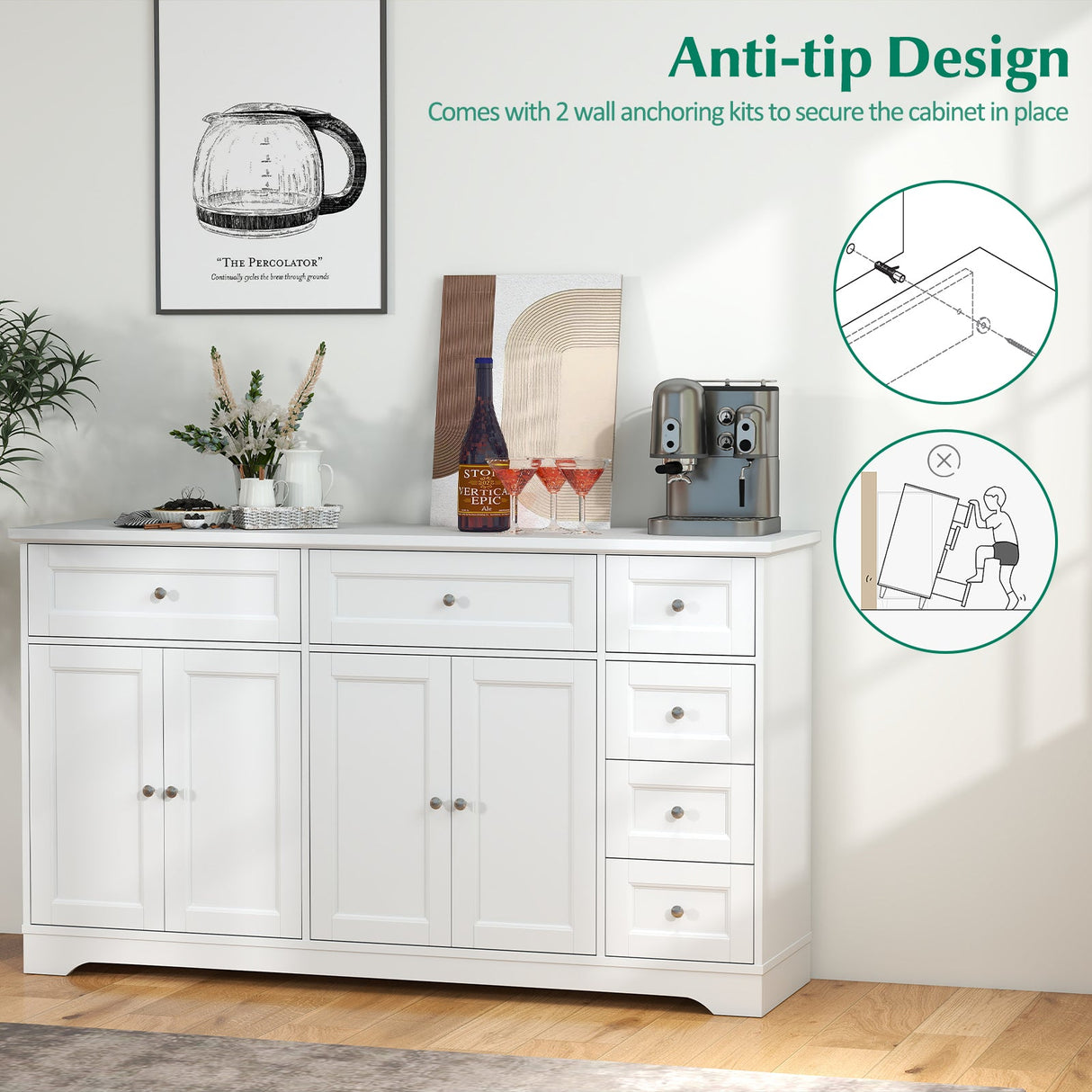 Aparador de bufé de 59" con barra de café moderna y mesa consola - Blanco