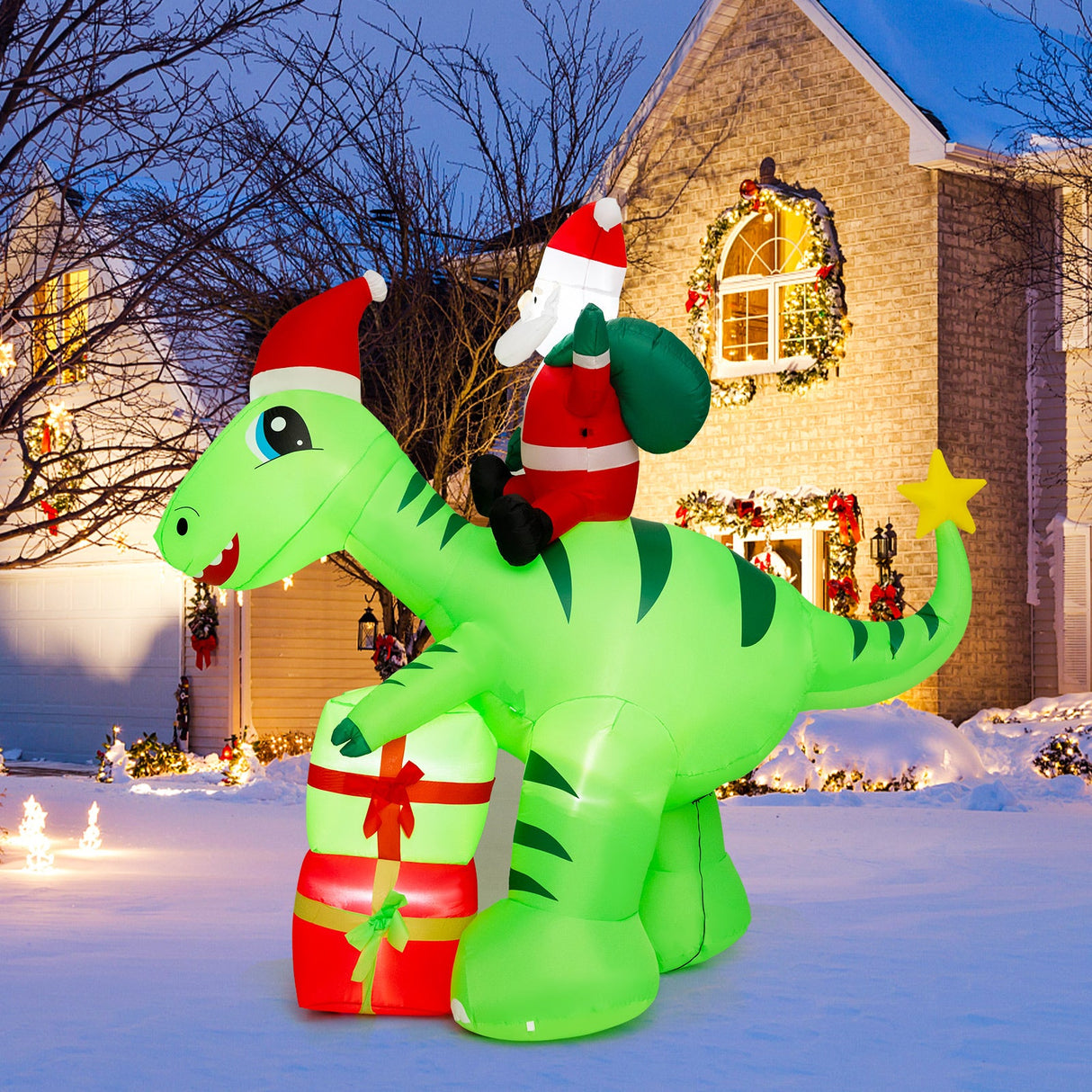 Inflable navideño iluminado de 8 pies de Papá Noel en dinosaurio con cajas de regalo