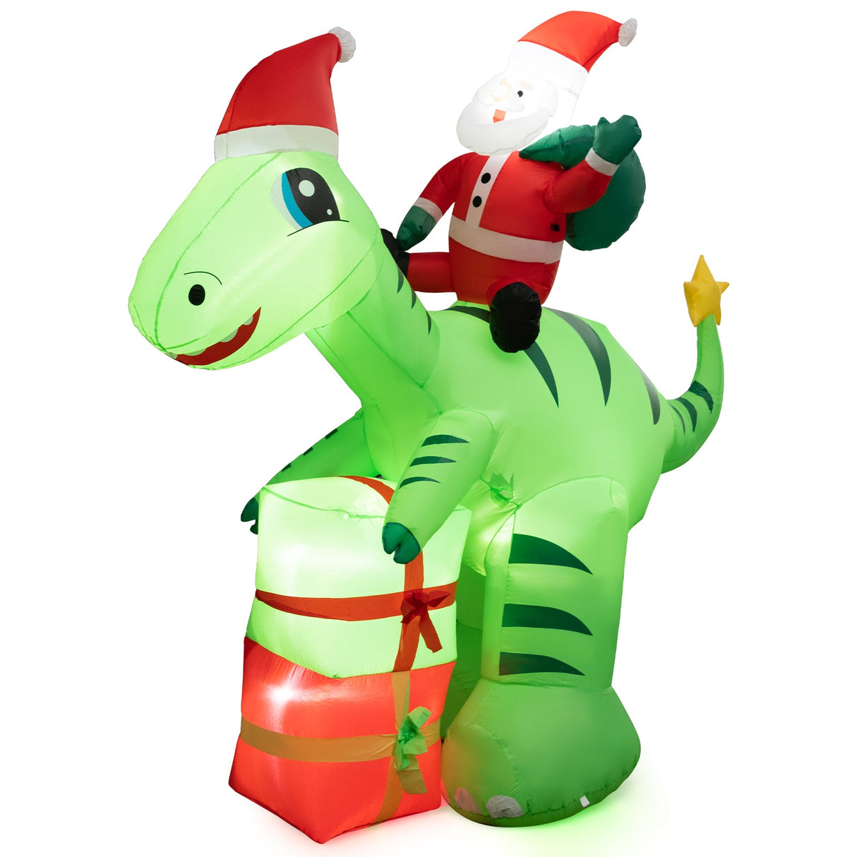 Inflable navideño iluminado de 8 pies de Papá Noel en dinosaurio con cajas de regalo