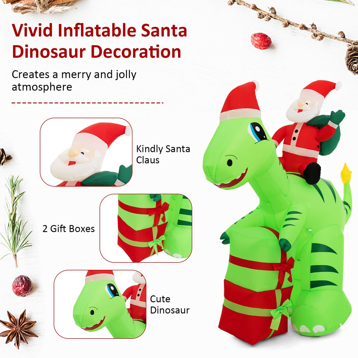 Inflable navideño iluminado de 8 pies de Papá Noel en dinosaurio con cajas de regalo