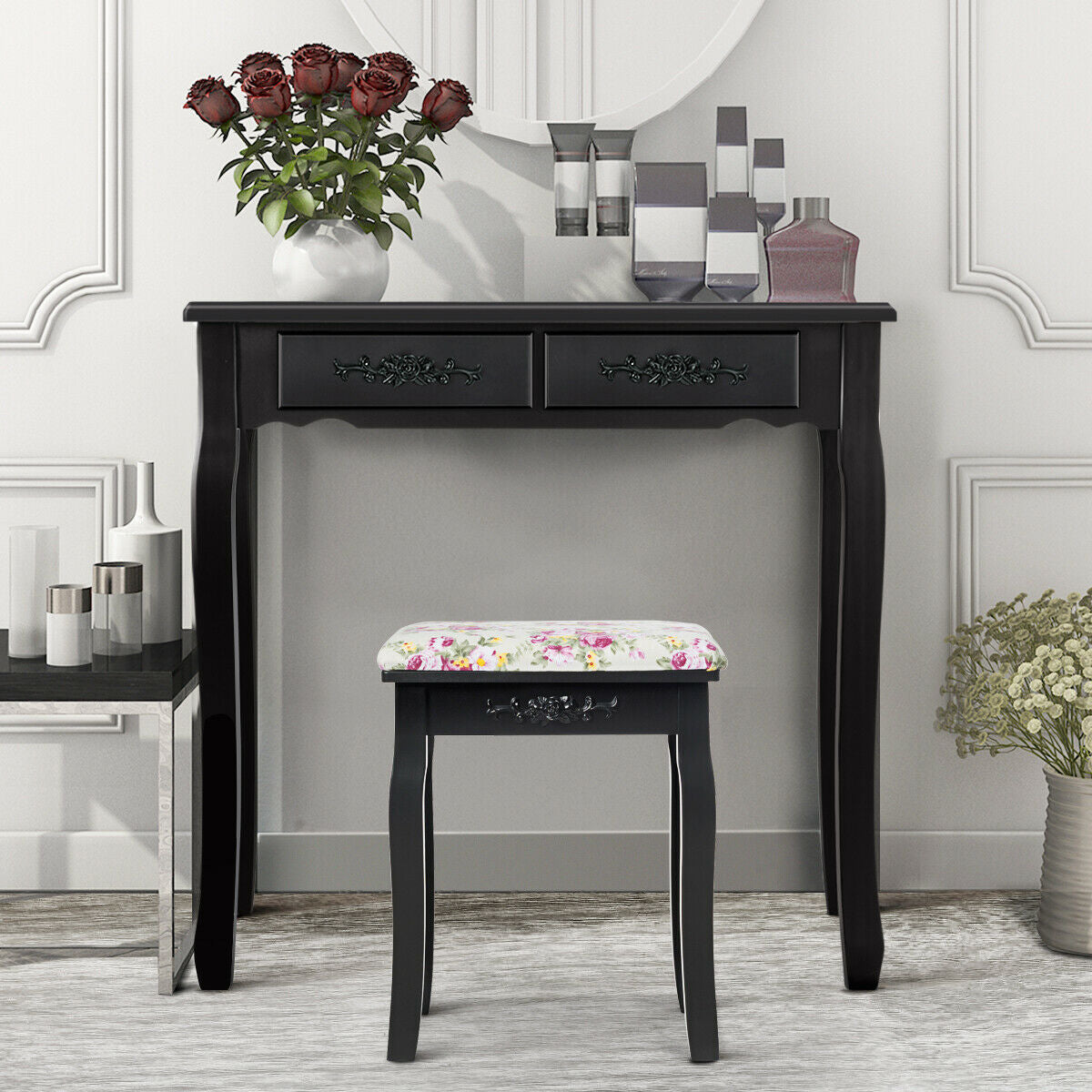 Taburete tocador de madera, asiento de piano acolchado con cojín de rosas