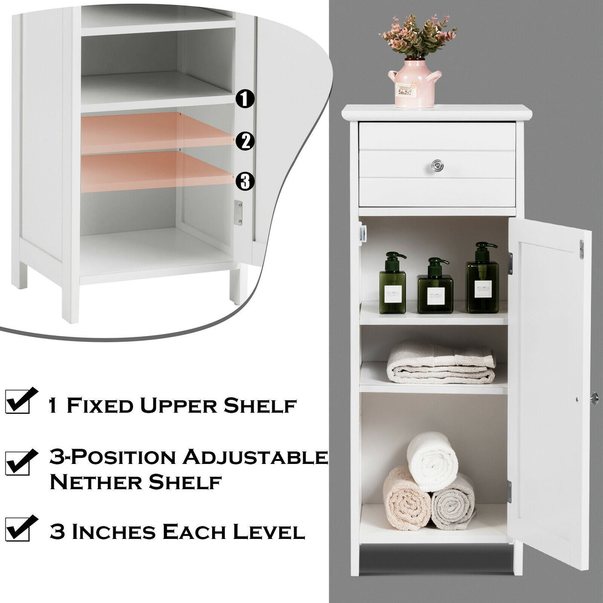 Mueble de almacenamiento de madera para baño con cajón y estante