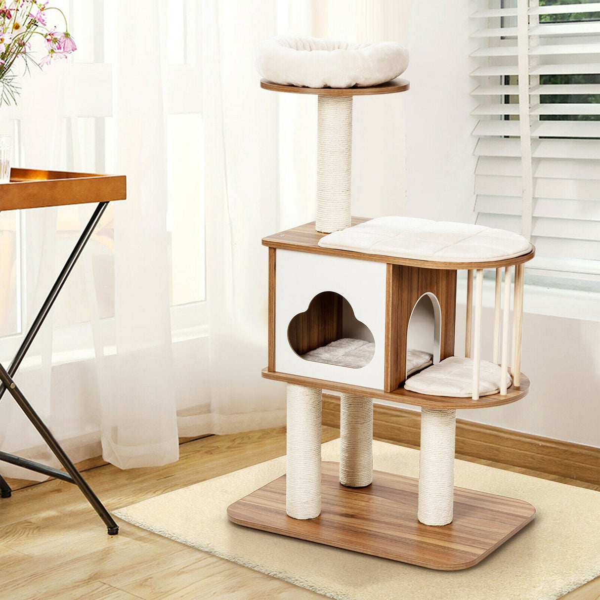 Árbol de actividades para gatos de madera de 46 pulgadas con plataforma y cojines