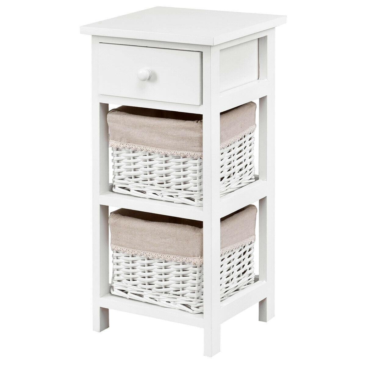 Mesa auxiliar de noche para dormitorio con cajones y cestas, 2 unidades, color blanco