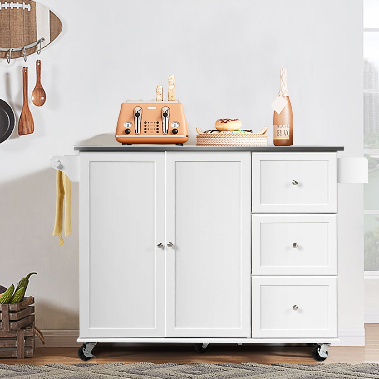 Isla de cocina con gabinete de almacenamiento de 2 puertas, cajones y encimera de acero inoxidable