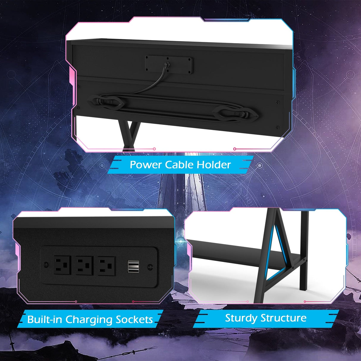 Escritorio gaming profesional todo en uno con soporte para vasos y auriculares