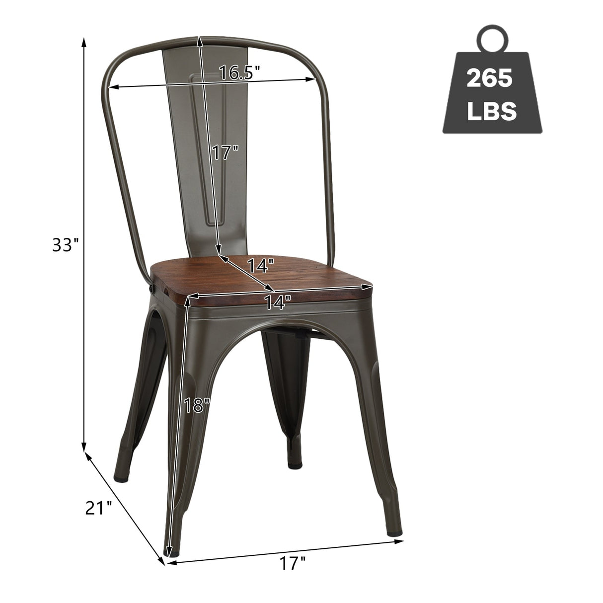Juego de 4 sillas de comedor apilables de metal y madera de 18 pulgadas de alto