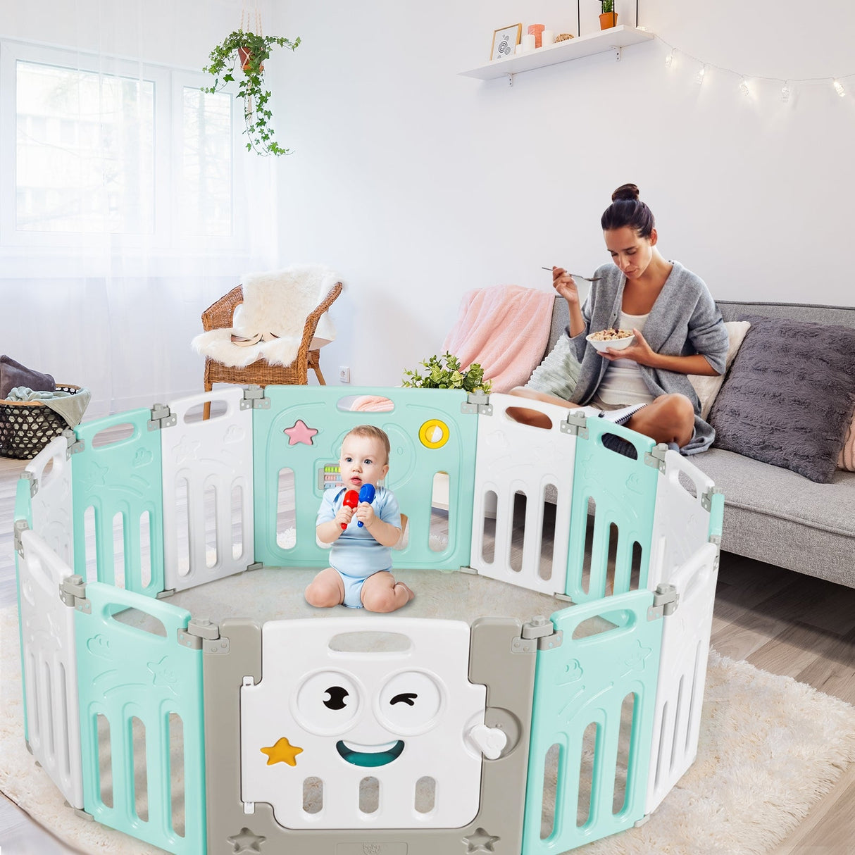 Parque infantil plegable de 14 paneles para bebés - Centro de actividades para niños - Verde