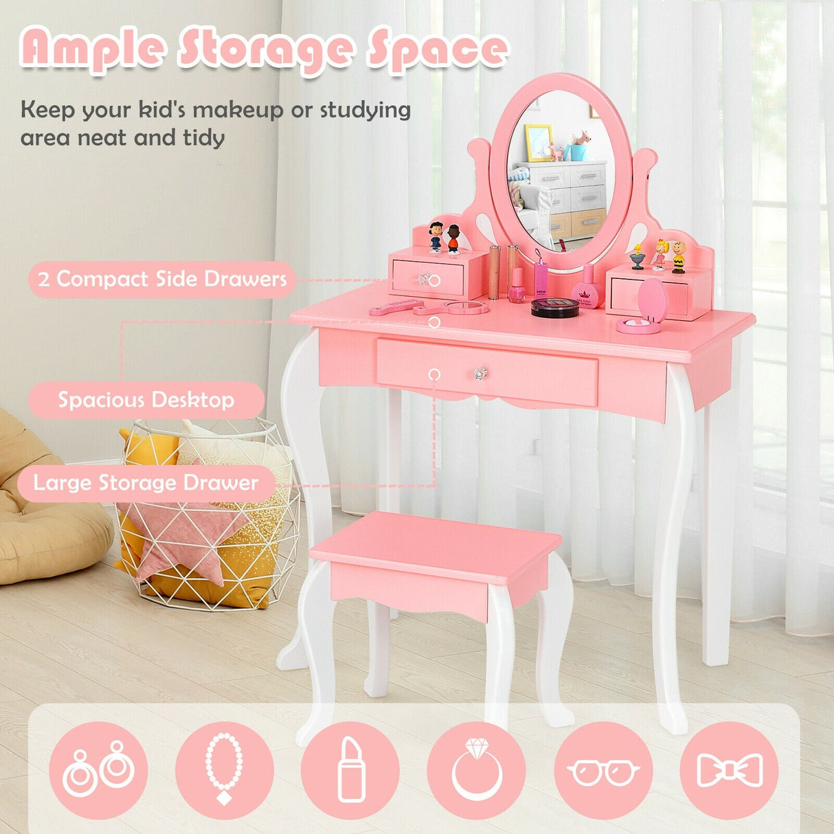 Juego de Tocador de Princesa para Niñas con Espejo y Cajón