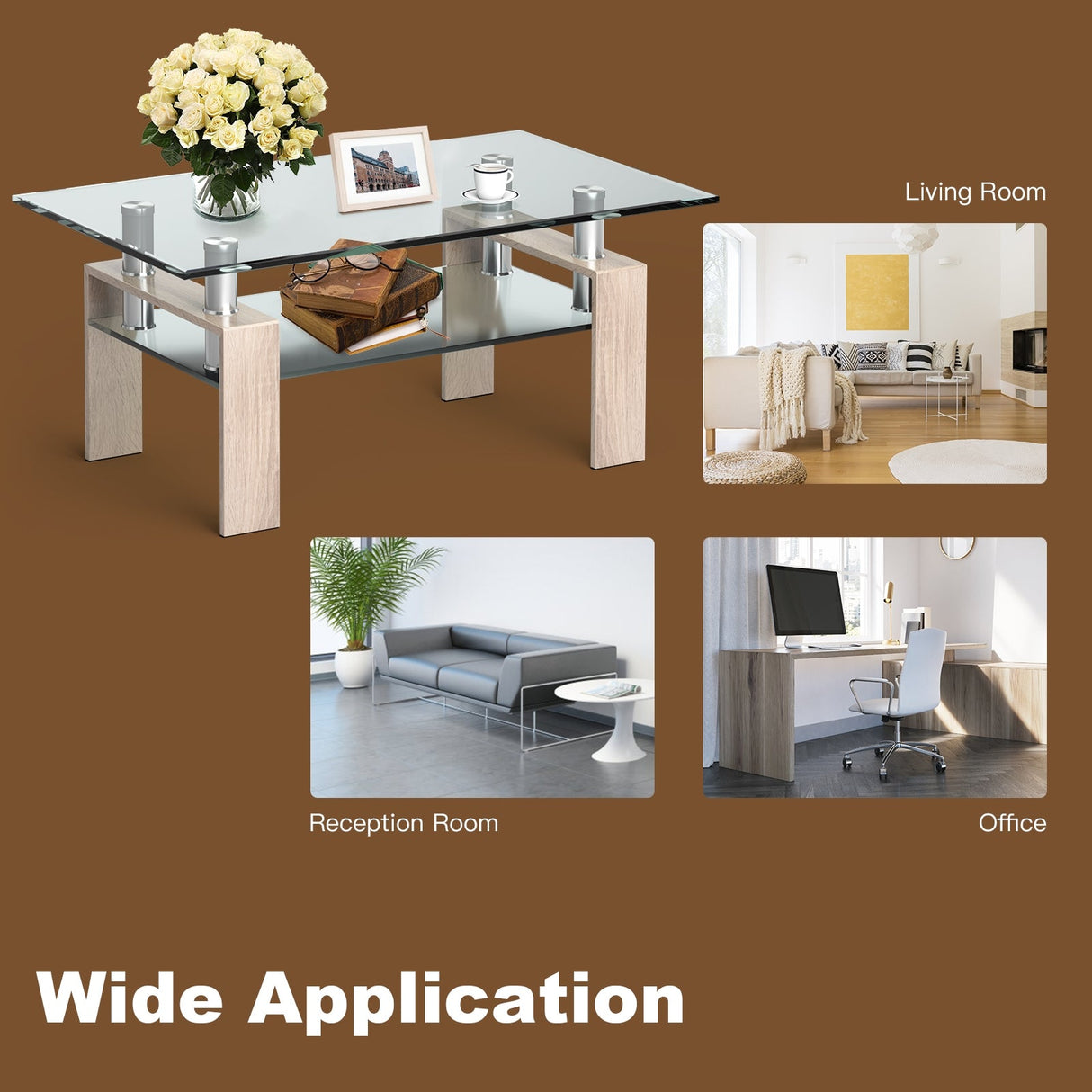 Mesa de centro rectangular de cristal con patas metálicas para salón