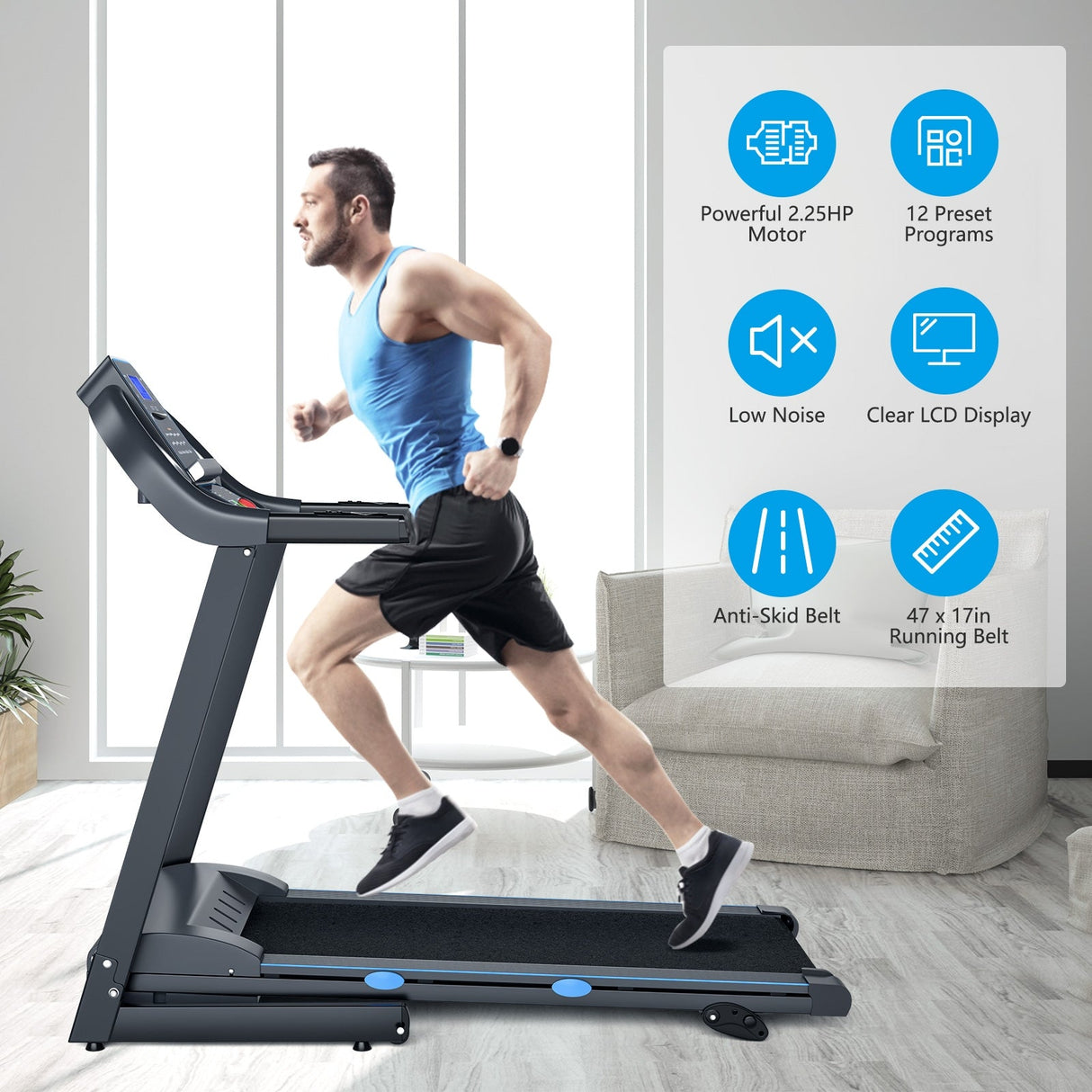 Cinta de correr eléctrica motorizada plegable de 2.25 HP con pantalla LCD retroiluminada azul