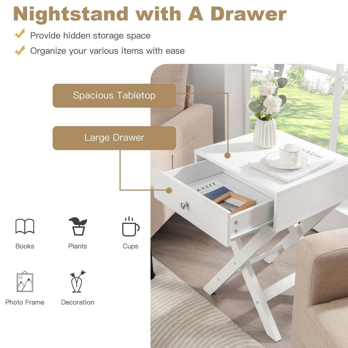 Mesita de noche moderna en forma de X con cajón para sala de estar o dormitorio