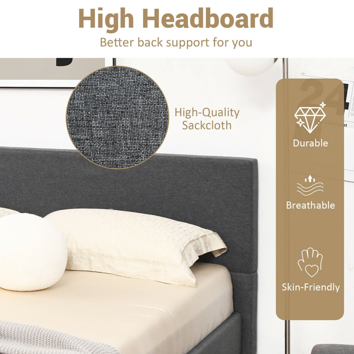 Base de cama tapizada tipo plataforma tamaño matrimonial/Queen con cabecero de lino