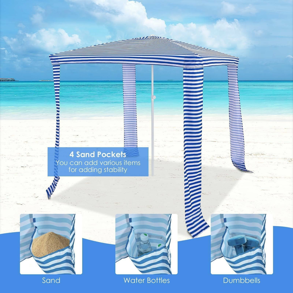 Cenador de playa plegable de 6.6 x 6.6 pies, fácil de montar, con bolsa de transporte