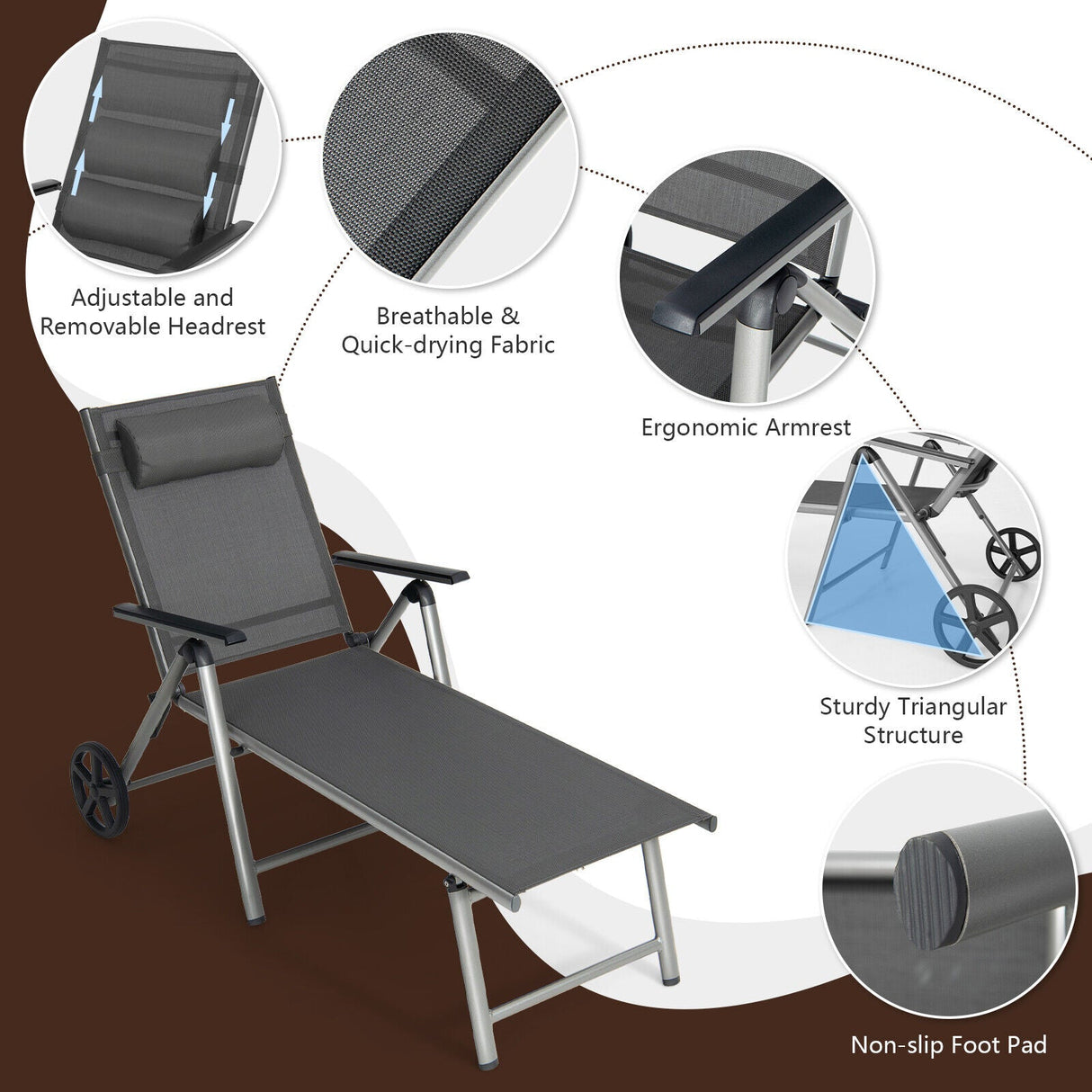 Tumbona plegable ajustable para patio con ruedas