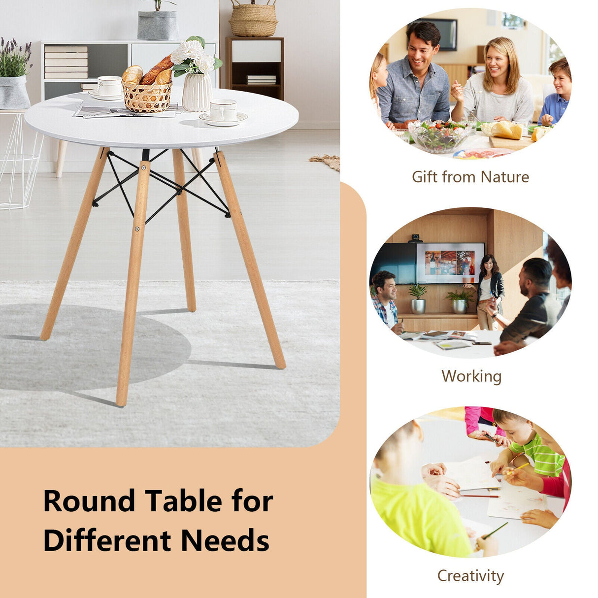 Mesa de comedor redonda moderna con pata de madera maciza - Blanca