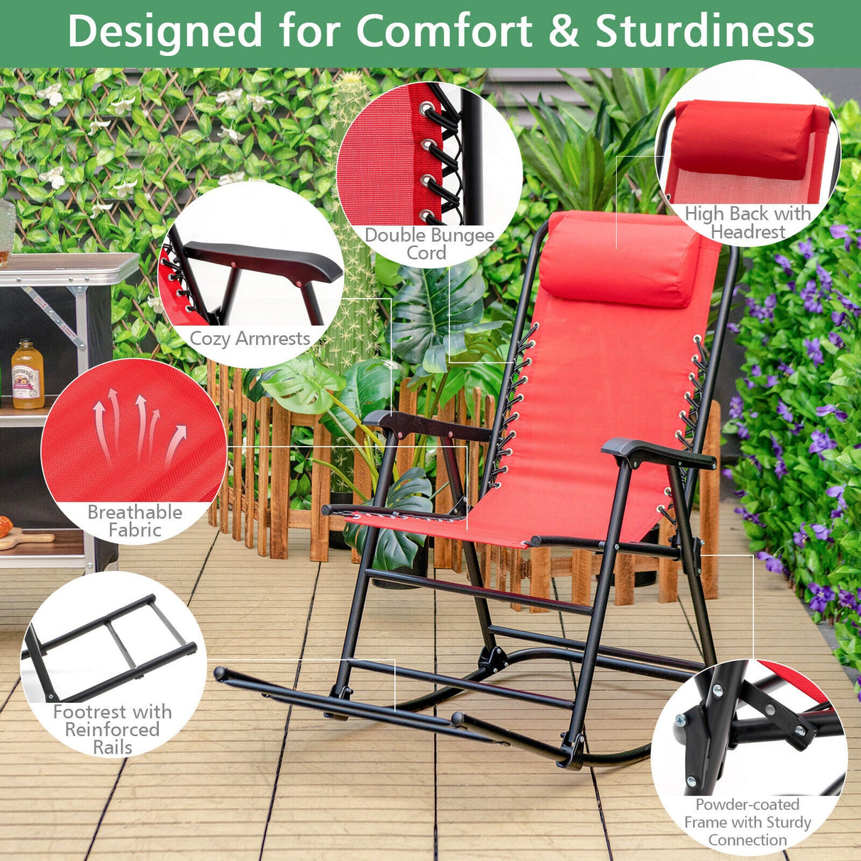 Sillón mecedora plegable liviano para exteriores con reposapiés