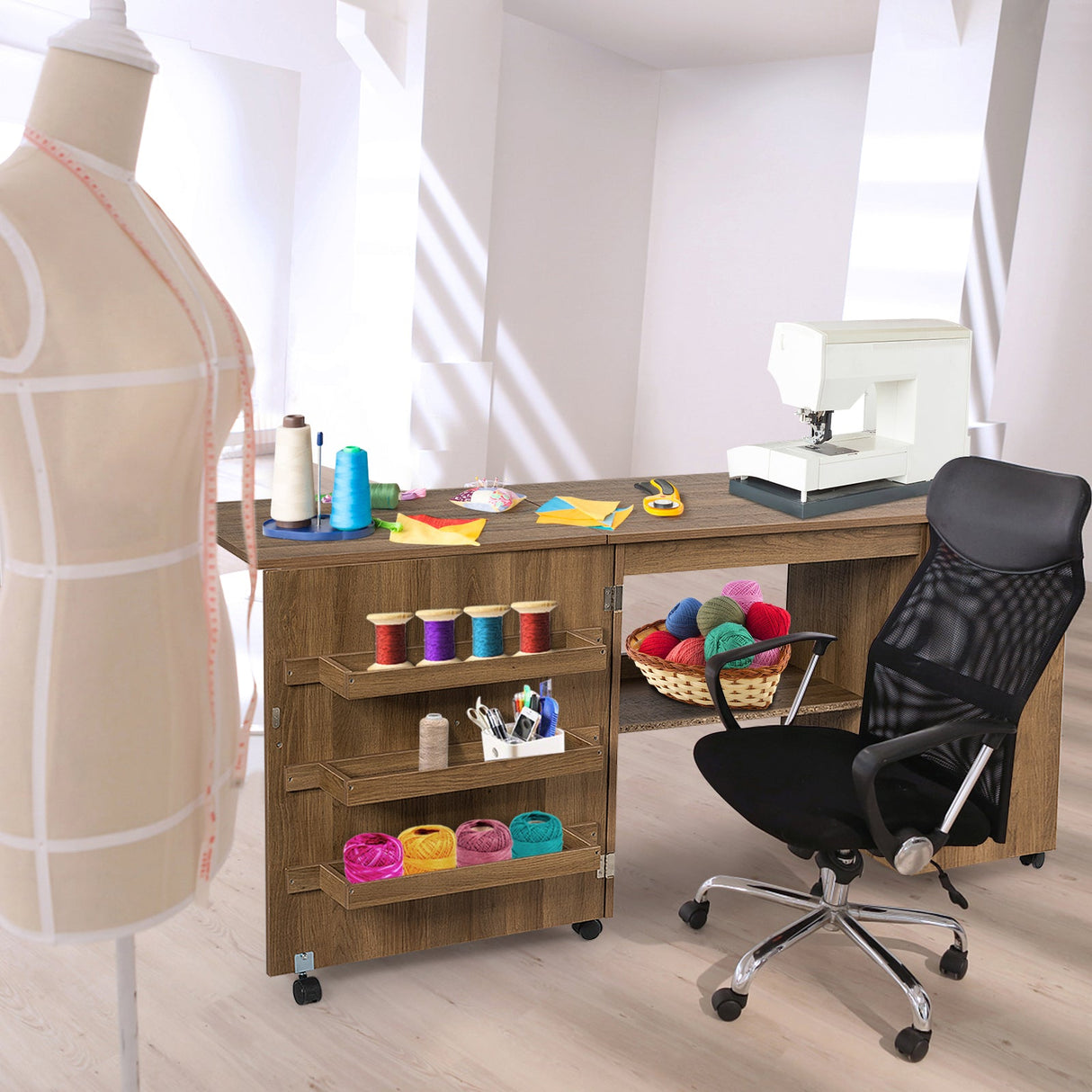 Mesa de costura plegable, estantes, mueble de almacenamiento, carrito artesanal con ruedas