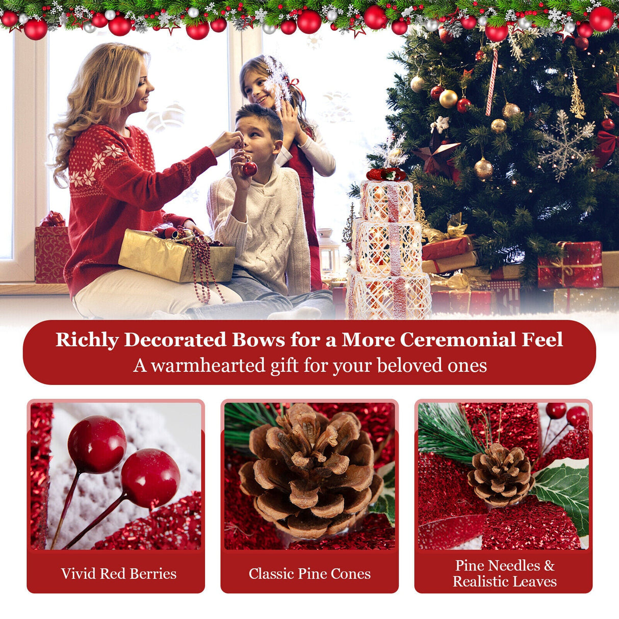 Set de 3 decoraciones de cajas de regalo navideñas iluminadas con lazos rojos