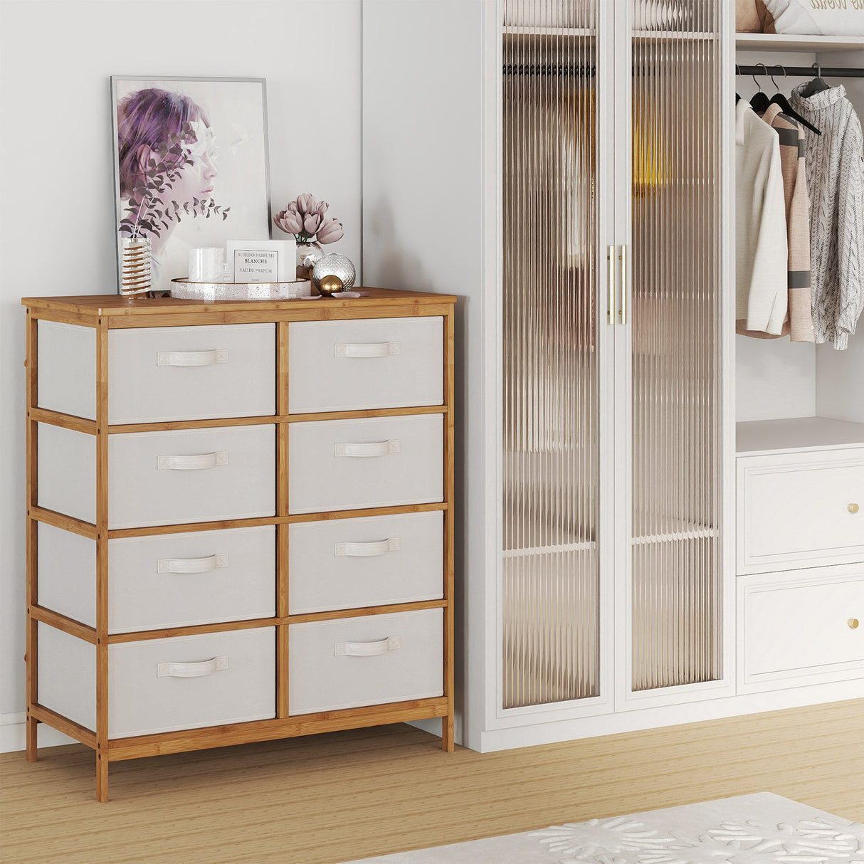 Cómoda de 8 cajones con cubos de tela extraíbles para dormitorio - Beige
