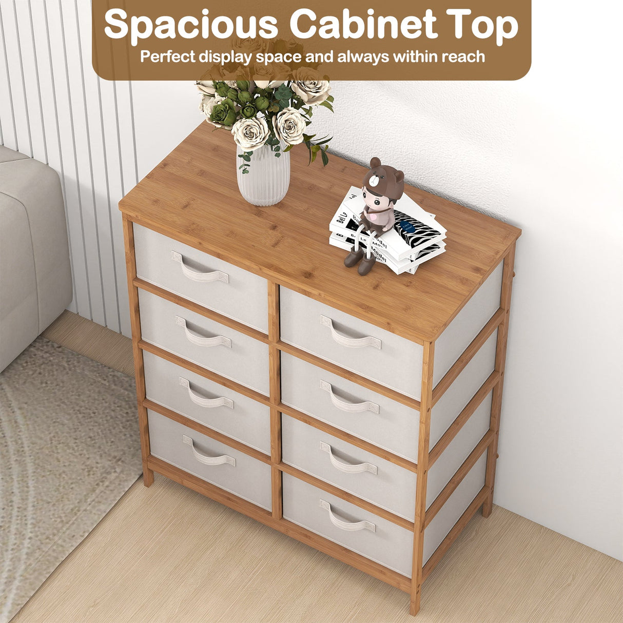 Cómoda de 8 cajones con cubos de tela extraíbles para dormitorio - Beige
