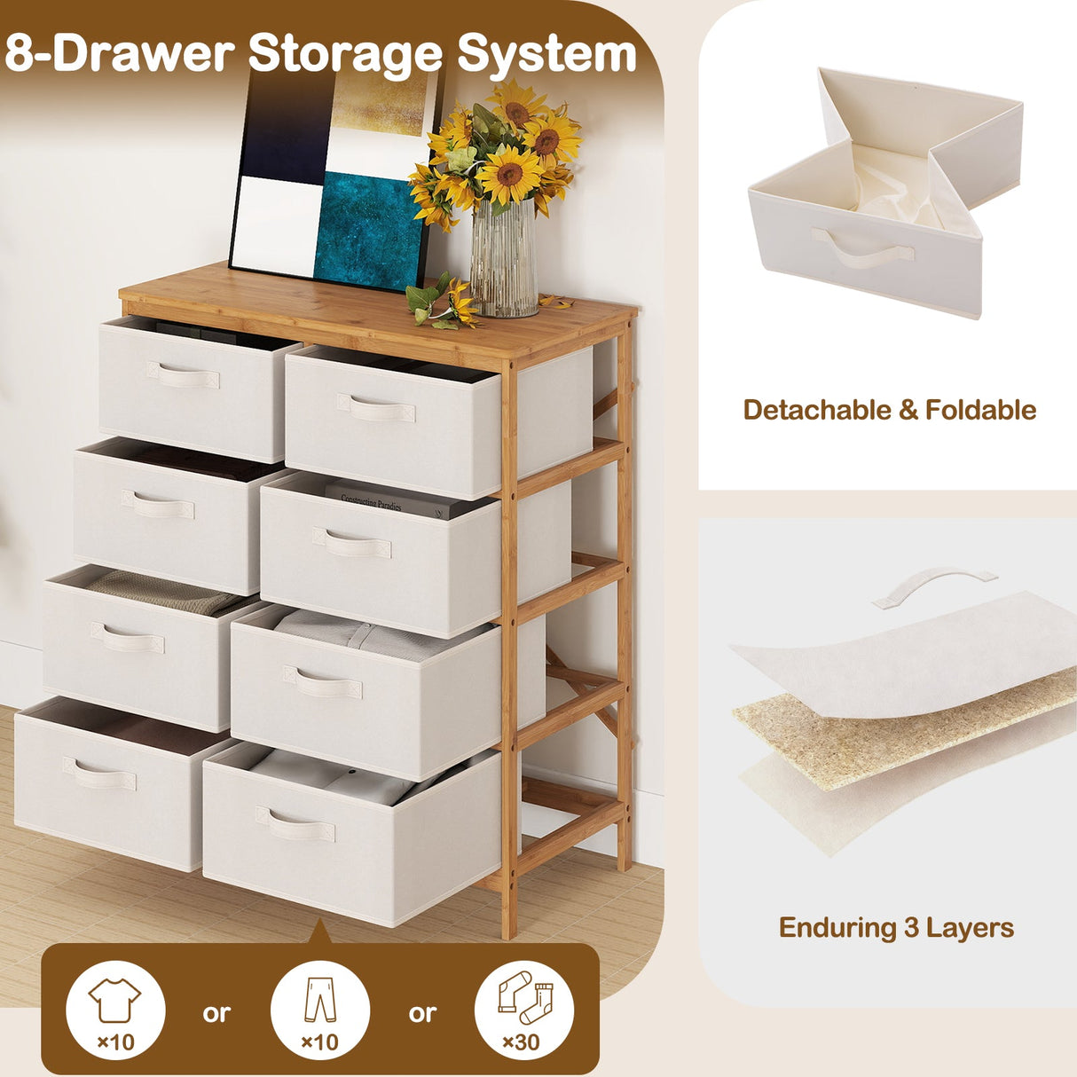 Cómoda de 8 cajones con cubos de tela extraíbles para dormitorio - Beige