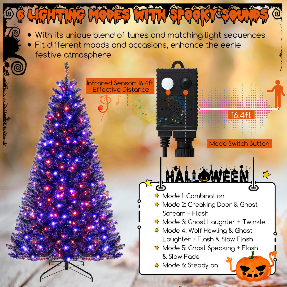 Árbol de Navidad Artificial de 6/7/8 Pies con 6 Modos de Iluminación y Sonidos Escalofriantes