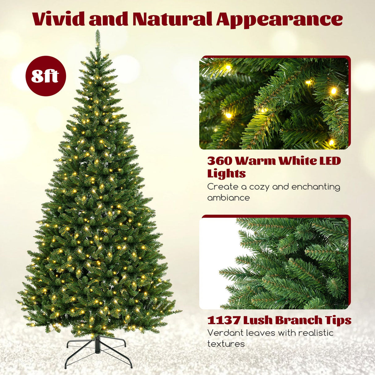Árbol de Navidad Artificial de Esquina de 8 pies con 1137 Puntas de Rama y 360 Luces LED Blancas Cálidas