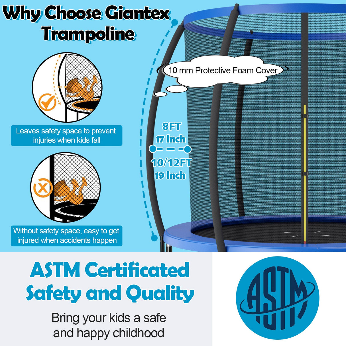 8 Feet ASTM Approved Recreational Trampoline with Ladder-Blue