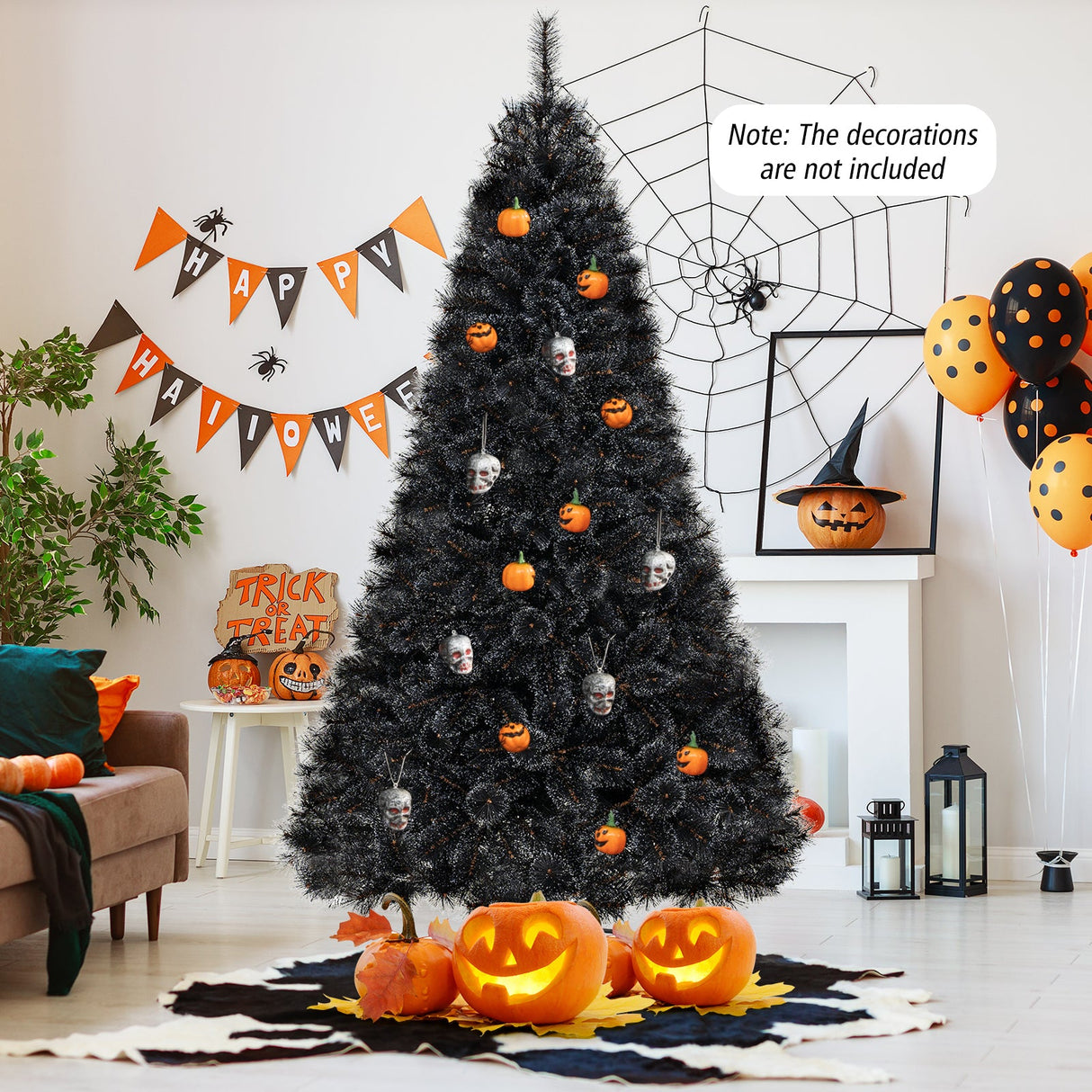 Árbol de Navidad/Halloween Artificial Negro de 6/7/8 Pies con Puntas de Rama de PVC y 210/320/450 Luces LED Blancas Frías