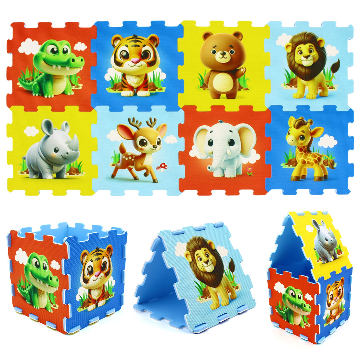 Alfombra de juego entrelazada para bebés de 8 piezas con animales educativos