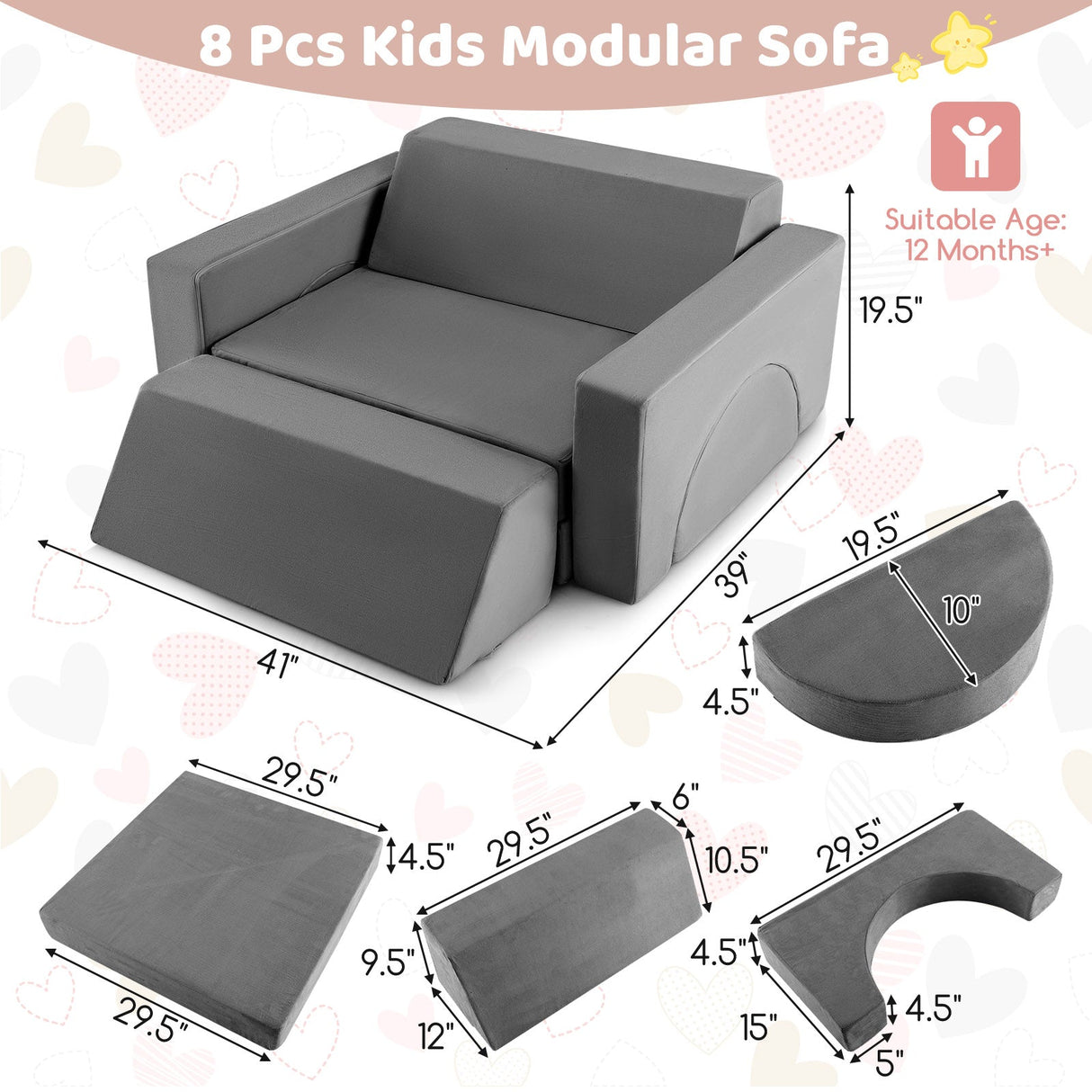 Sofá de juegos modular de 8 piezas para niños con funda desmontable para sala de juegos y dormitorio