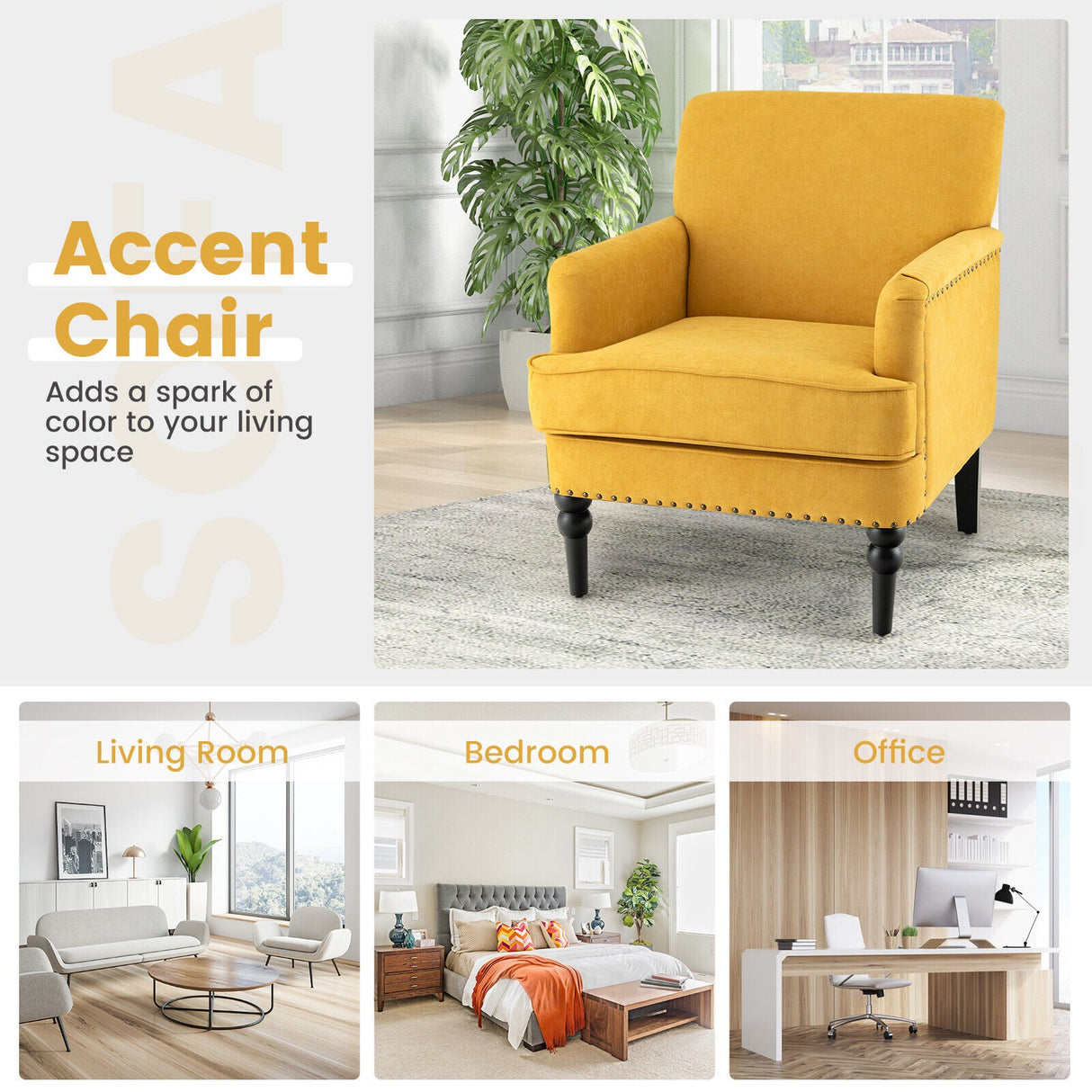 Sillón Moderno Tapizado Acolchado con Patas de Madera de Caucho