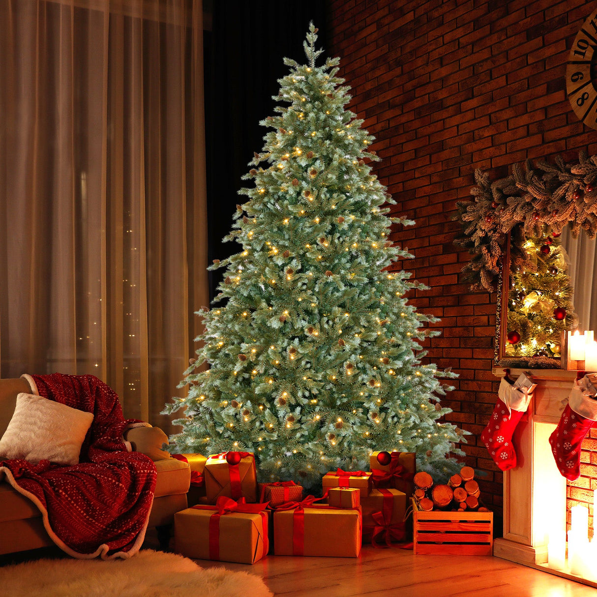 Árbol de Navidad de 1,8/2,1/2,4 metros con luces LED blancas cálidas y piñas