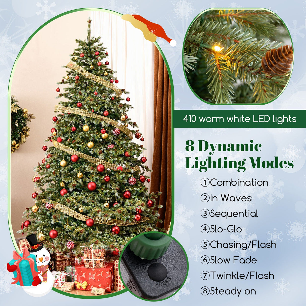 Árbol de Navidad de 1,8/2,1/2,4 metros con luces LED blancas cálidas y piñas