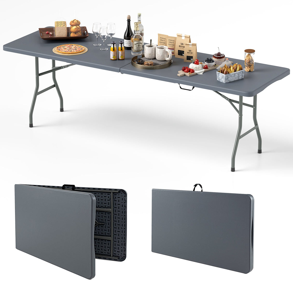 Mesa Plegable Portátil de 8 pies, 350 Libras, Plegable por la Mitad con Tablero de HDPE