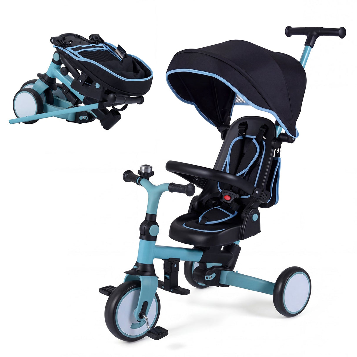Triciclo infantil plegable 8 en 1 con capota extraíble y barra de empuje