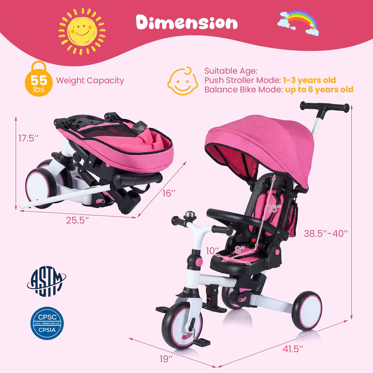 Triciclo infantil plegable 8 en 1 con capota extraíble y barra de empuje