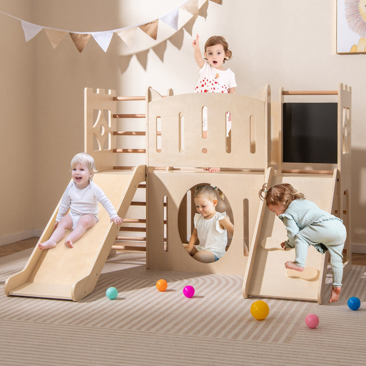 Tobogán infantil 8 en 1 Parque infantil de madera para interiores con escalador y pizarra - Natural