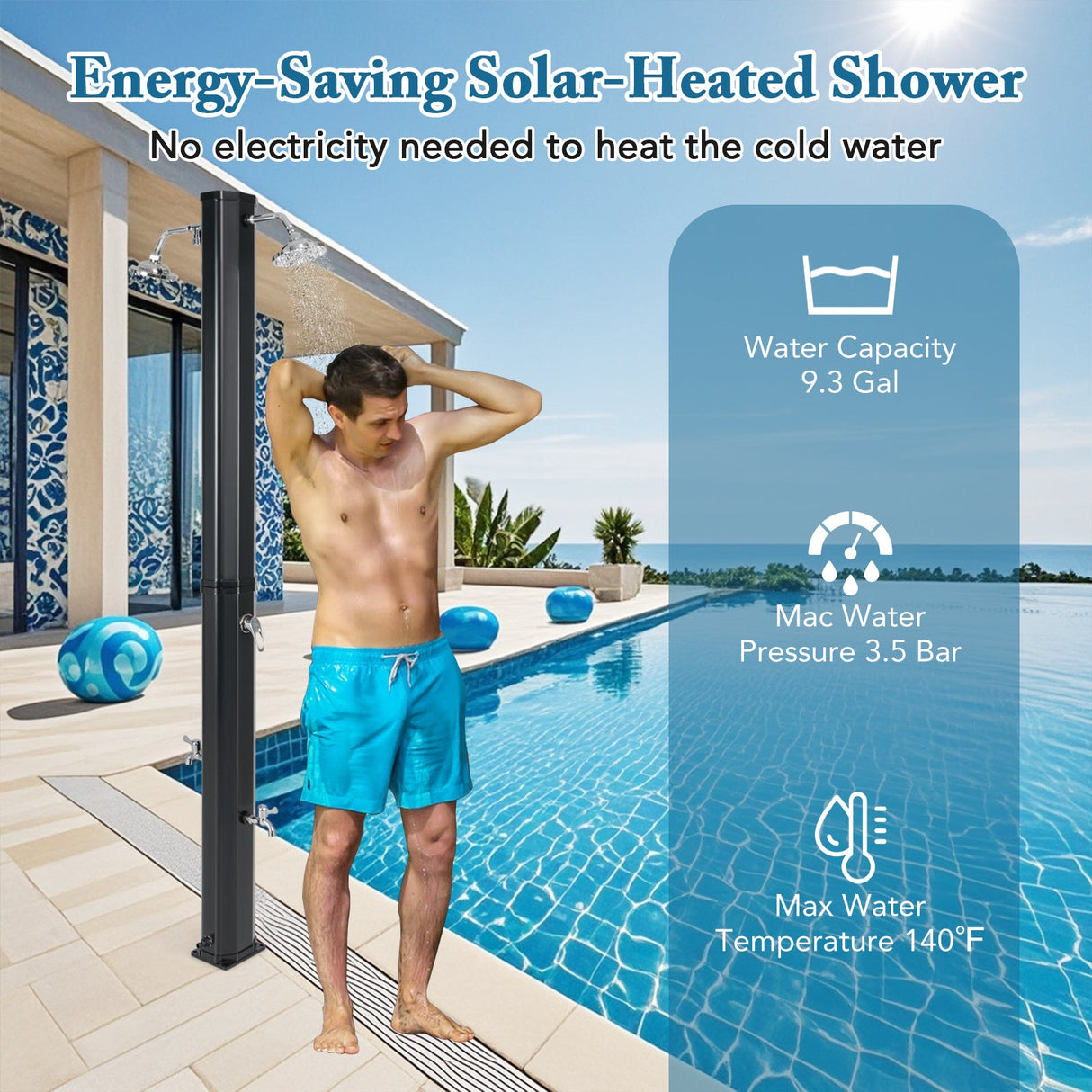 Ducha exterior solar de 9.3 galones con doble cabezal de ducha - Negra