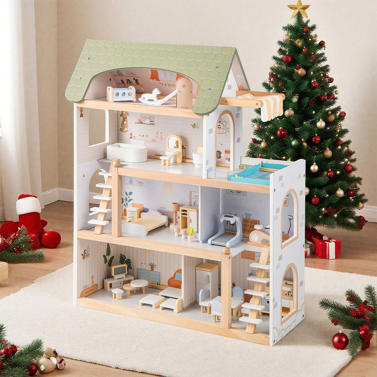 Casa de muñecas de madera para niños, casa de juegos de simulación con 33 accesorios de muebles - Verde