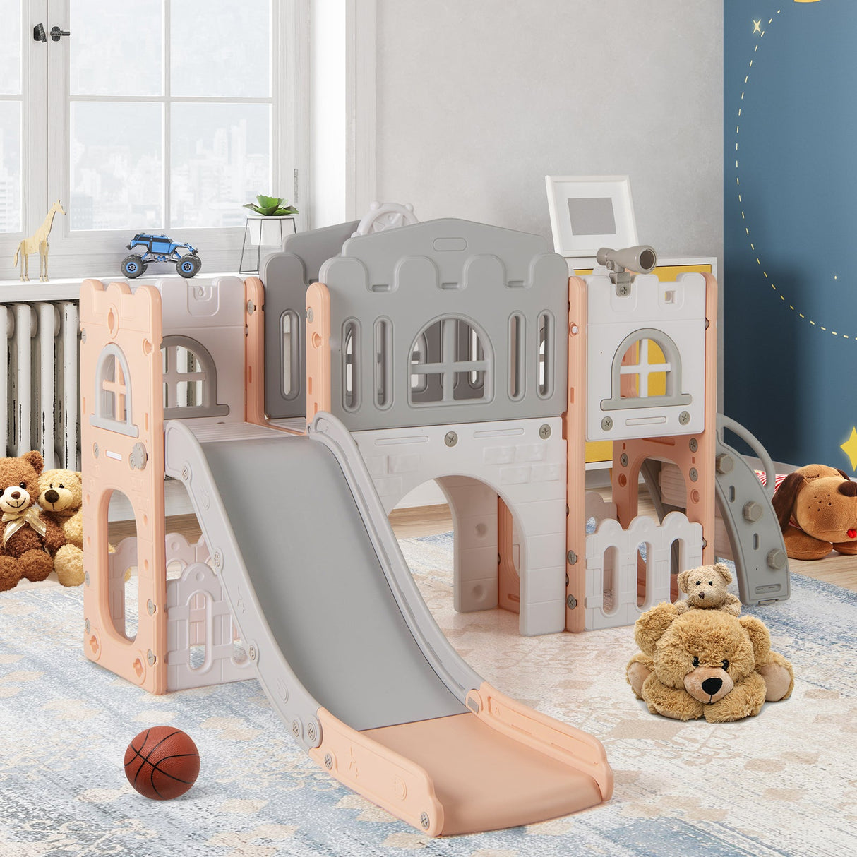 All-in-1 Toddler Slide Playset Playground with Tunnel and Ladder and Basketball