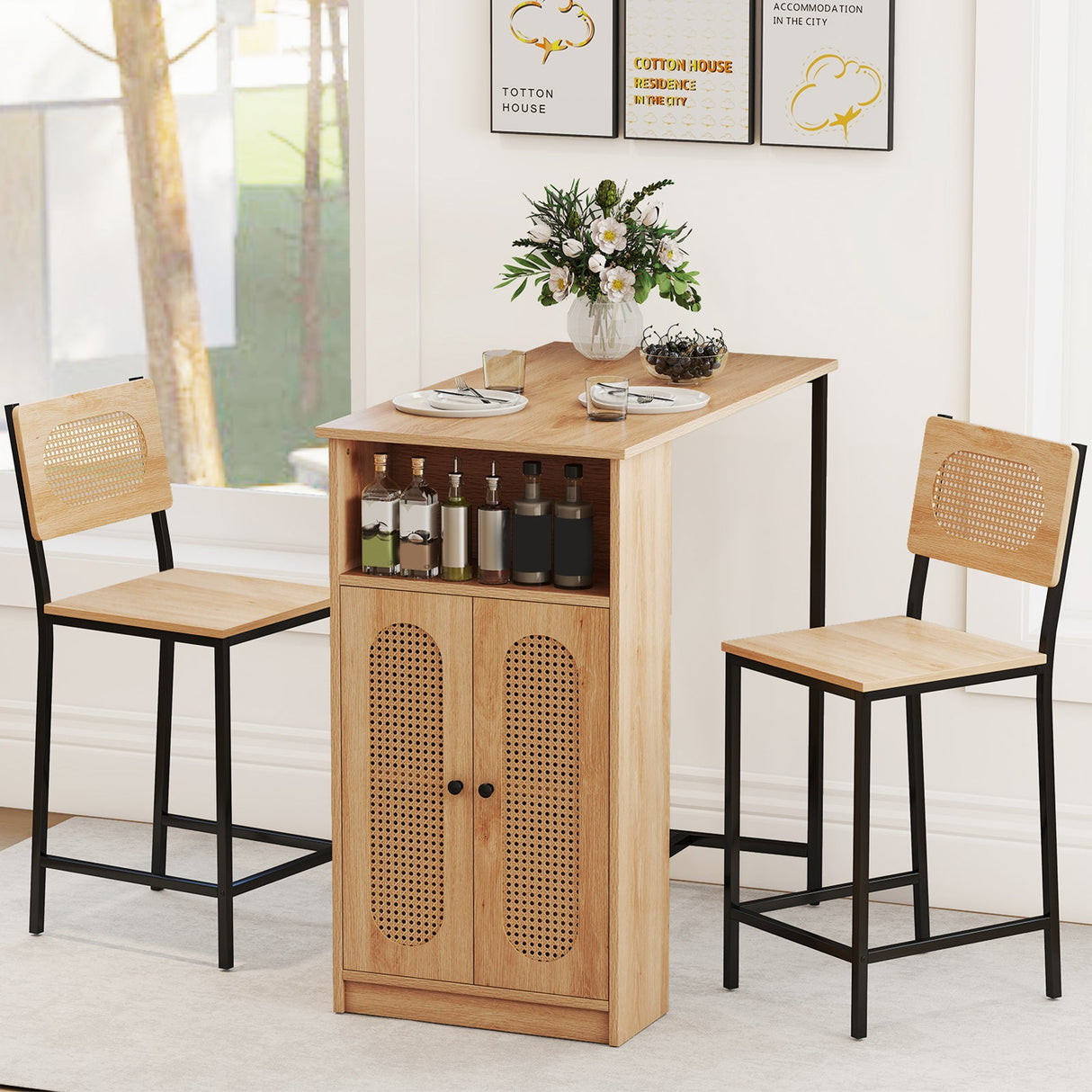 Juego de mesa y 2 sillas de bar de 3 piezas con estantes de almacenamiento y reposapiés-Natural