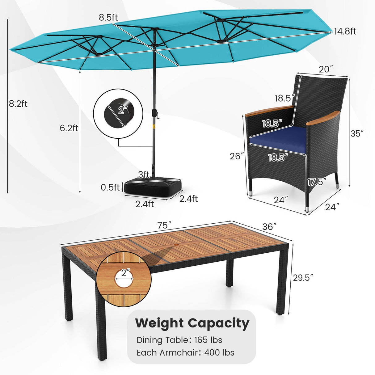 Juego de comedor de patio de 11 piezas con sombrilla LED para patio con base y cojines de asiento (azul marino)