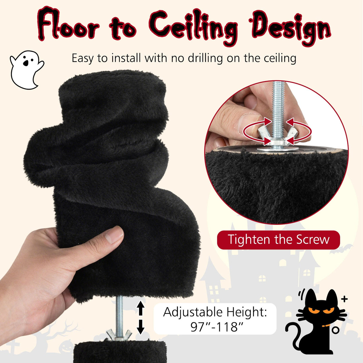 Árbol para gatos gótico de suelo a techo de 97 a 118 pulgadas, ajustable de 5 niveles con condominio - Negro