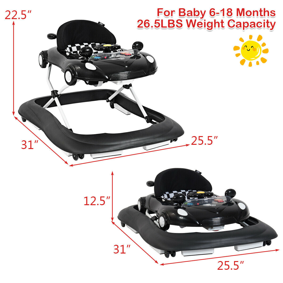 Andador plegable 2 en 1 para bebé con reproductor de música y luces