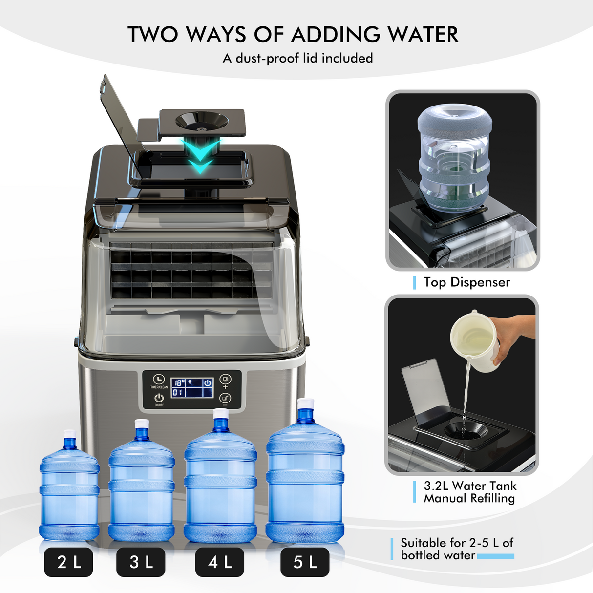 Máquina de hielo eléctrica de encimera con cuchara y cesta para hielo - Plateada