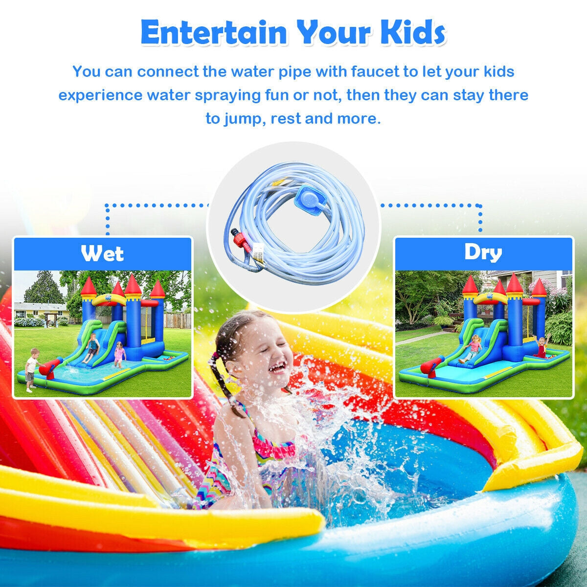 Casa inflable para niños con tobogán de agua sin soplador