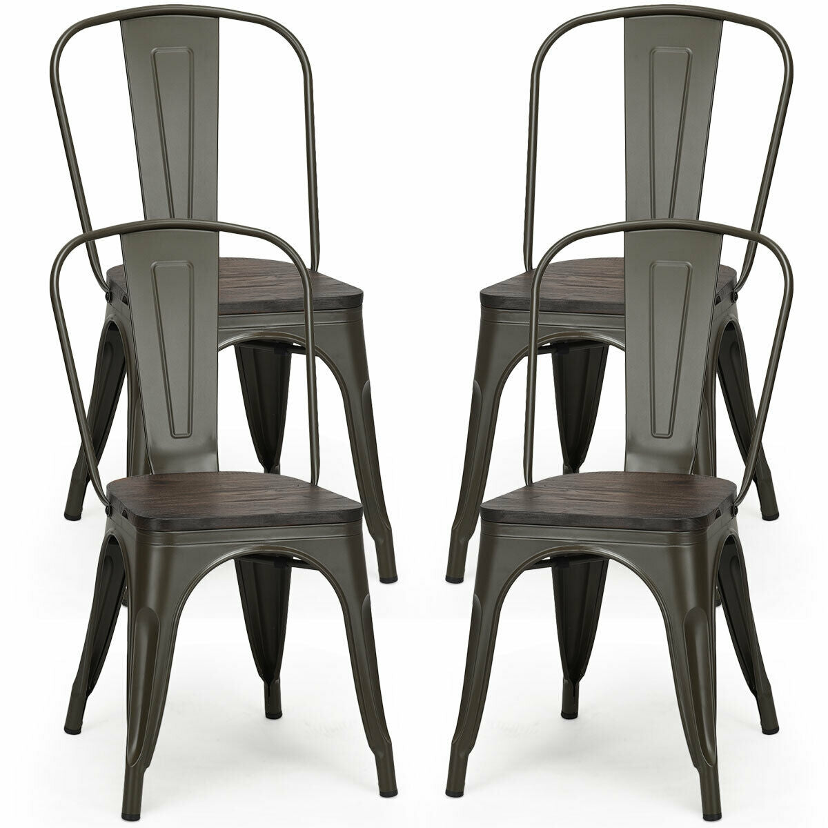 4 sillas de comedor metálicas apilables estilo Tolix con asiento de madera