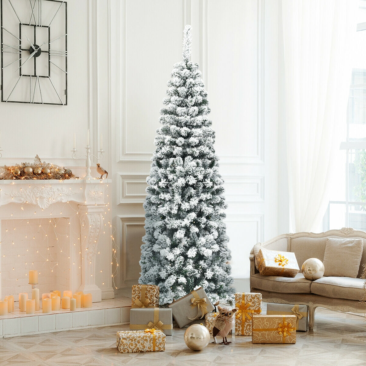 Árbol de Navidad artificial tipo lápiz con bisagras sin luces y efecto nevado, de 1.83 m (6 pies) con 500 puntas de rama